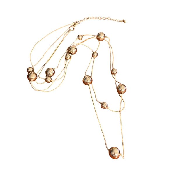 Vintage Gold Tone 2 Strand Necklace Layered Ball Bead Stations Floating Estate - Picture 3 of 5